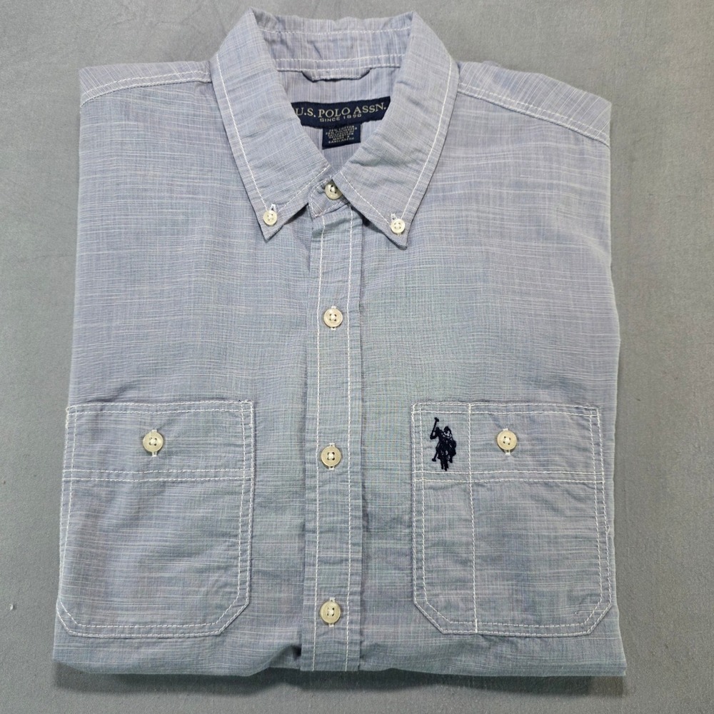 US Polo Assn Mens Short Sleeve Button Down Shirt Blue Slub Two Pocket Large